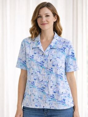 Alia | Vintage Blue & White Nautical Graphic Blouse | Short Sleeve Button Front